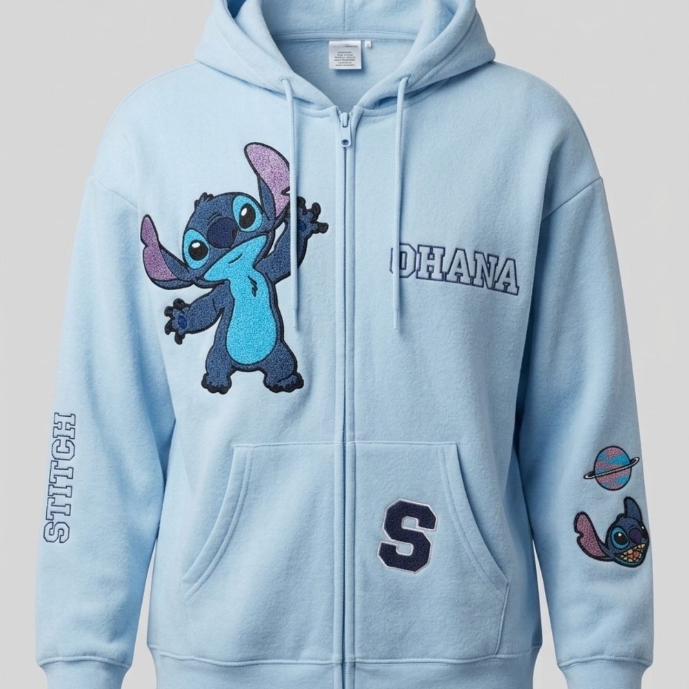 Stitch Ohana Embroidered Blue Hoodie XL Disney